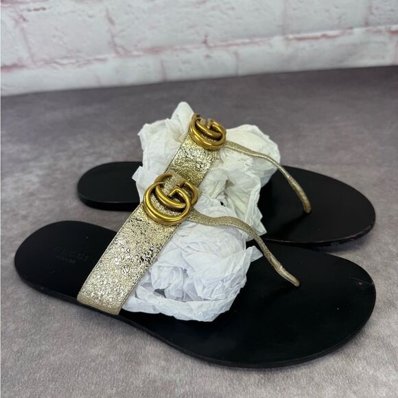 Gucci Crinkled Metallic Gg Marmont Leather Thongs 39.5 - Picture 2 of 13